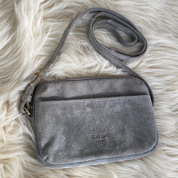 Margot New Tork Handbags - Margot New York Light Gray Suede Crossbody Purse Adjustable Cardholders